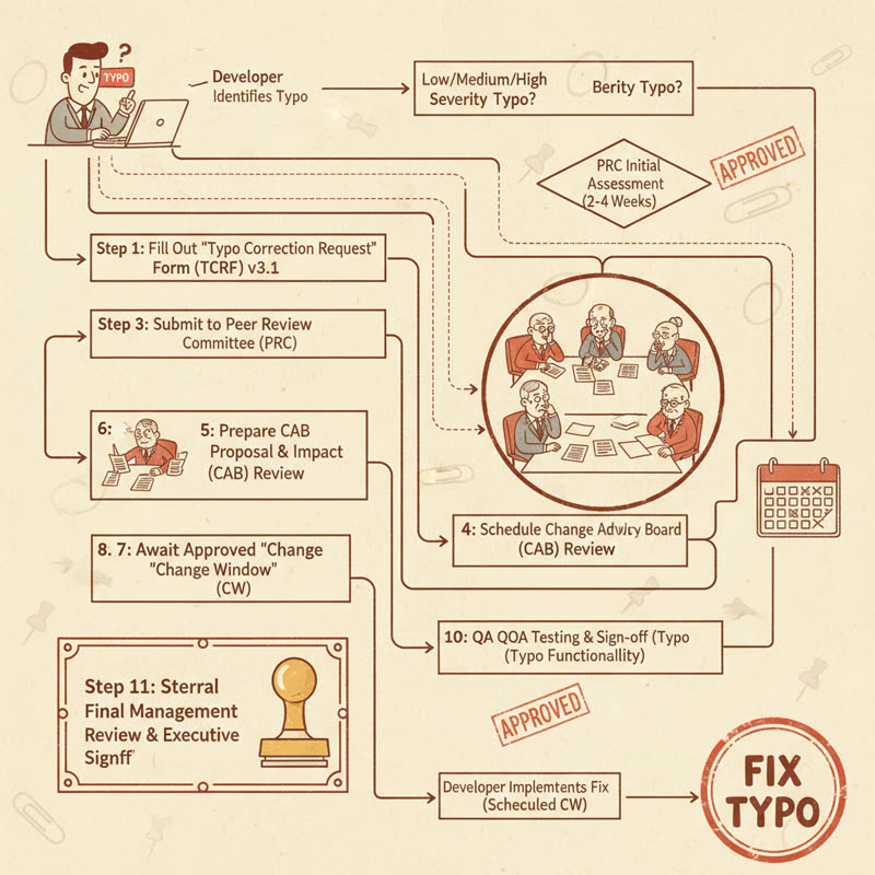 An absurdly complex 12-step flowchart with committee reviews and CAB approvals, all to fix a typo in production code