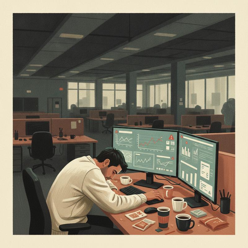 An exhausted software engineer alone at a desk late at night, lit only by monitors showing alert dashboards, in an otherwise empty office