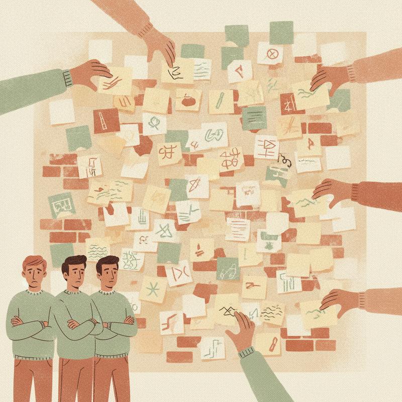 A product roadmap wall covered in sticky notes being torn off and replaced by many hands while an engineering team watches from the side