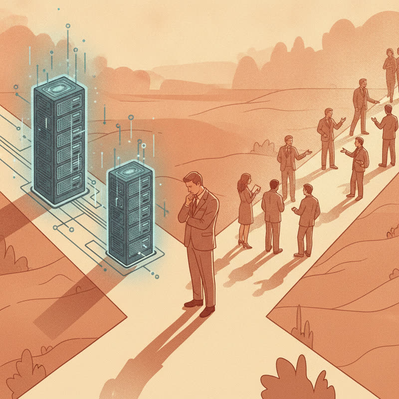 A business leader at a crossroads, one path lined with glowing AI servers, the other showing a team collaborating in the open air