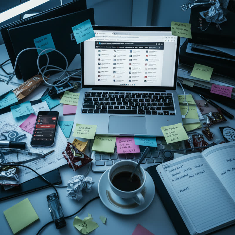 A busy desk covered in notifications, a buzzing phone, and cold coffee under harsh fluorescent light