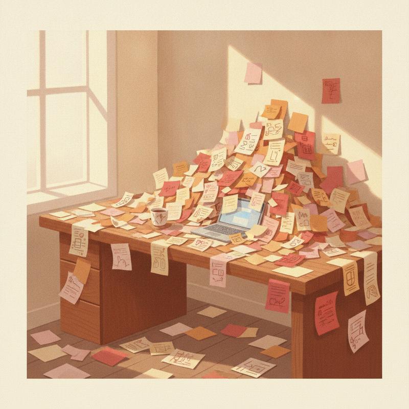 A wooden desk buried under hundreds of overlapping sticky notes with a laptop barely visible underneath