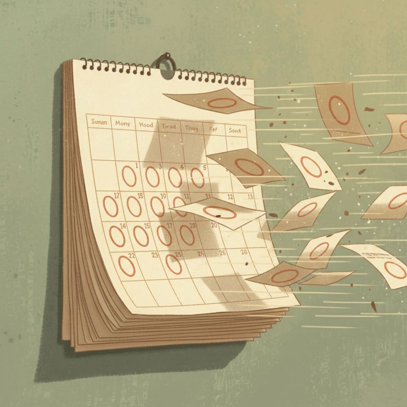 A vintage wall calendar with pages flying off in the wind, representing time slipping by quickly
