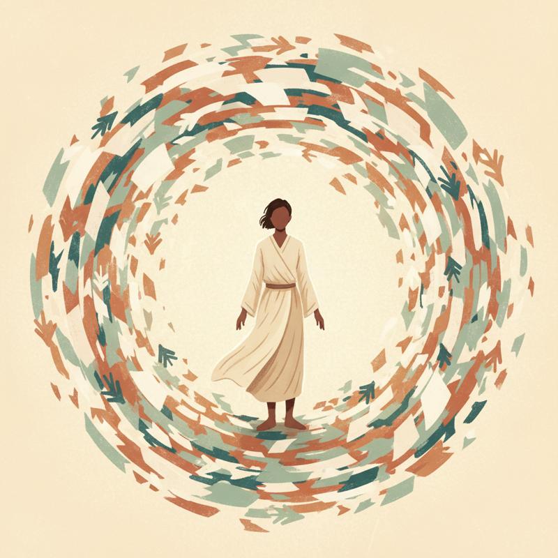 A calm figure standing at the still centre of a swirling storm of papers and arrows