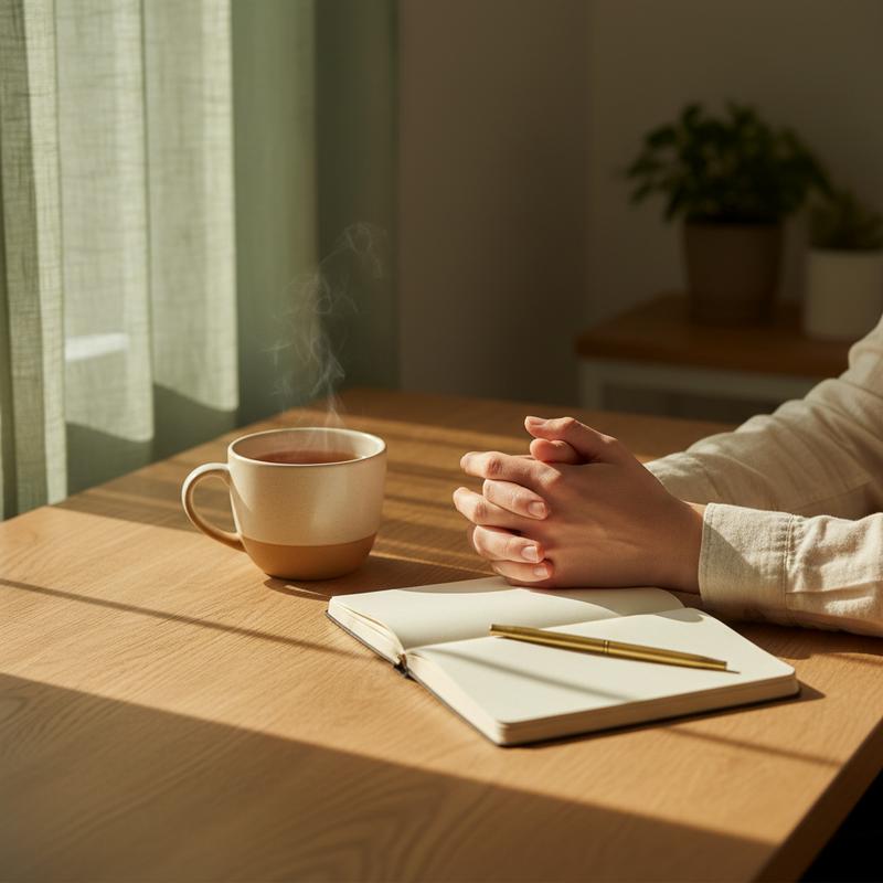 Calm hands on a desk with a cup of tea, at the end of a well-finished day