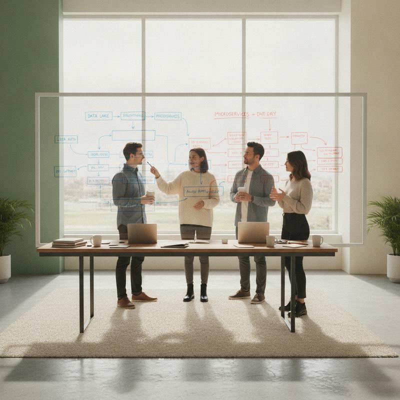 Four colleagues standing at a large whiteboard in a bright, calm daylight office, working through a systems diagram together