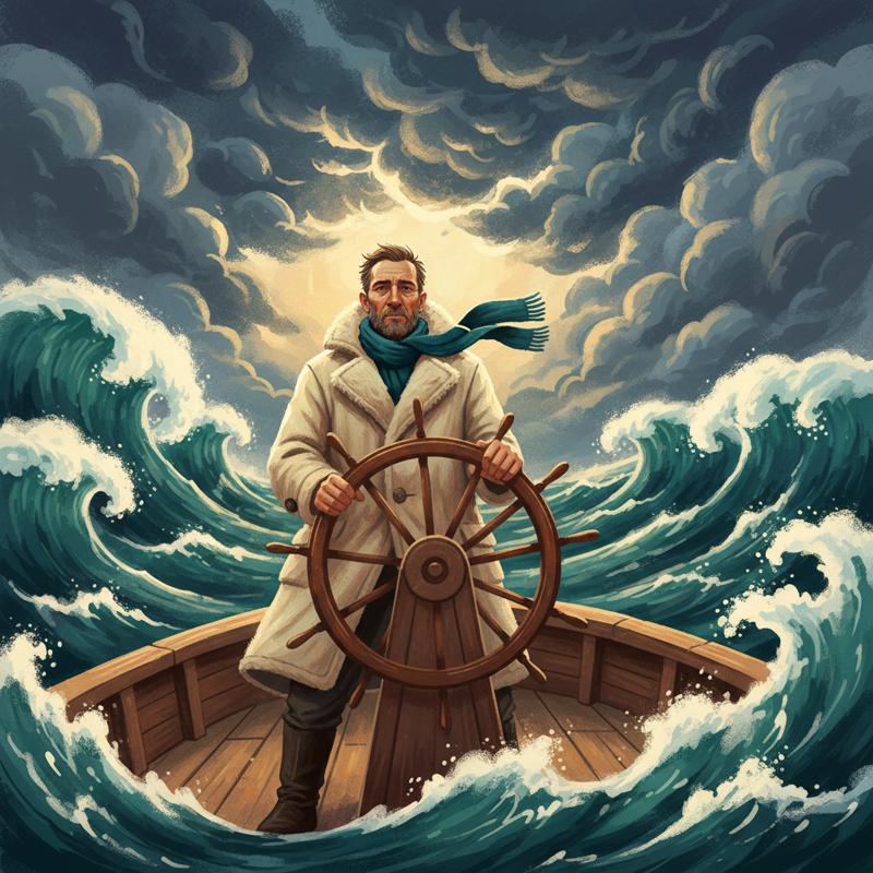 A lone captain steering a small boat through a stormy sea, calm at the wheel