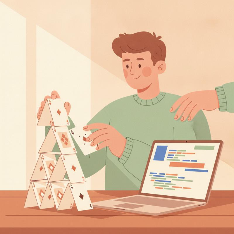 A developer in a green sweater carefully places a card on a house of cards beside a laptop of colored code blocks, while a hand reaches in to tap their shoulder