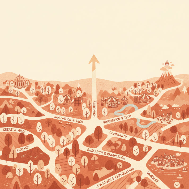 A branching crossroads map with paths going in all directions : creative arts, research, innovation, community and one lone arrow pointing straight up into empty sky