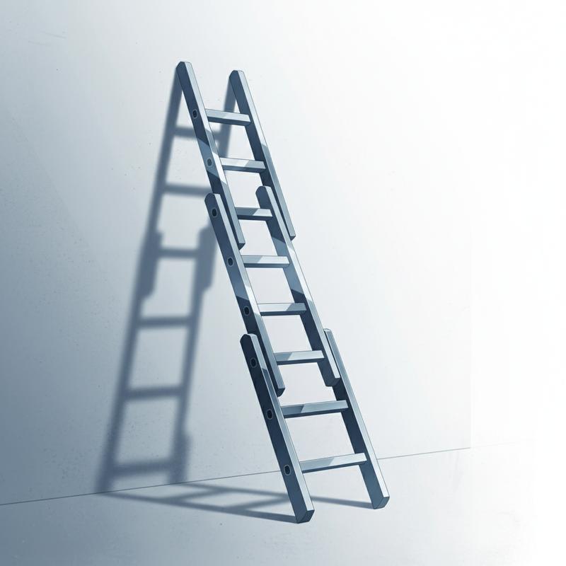 A tall corporate ladder leaning against a wall, slightly tilted and unstable, minimalist style
