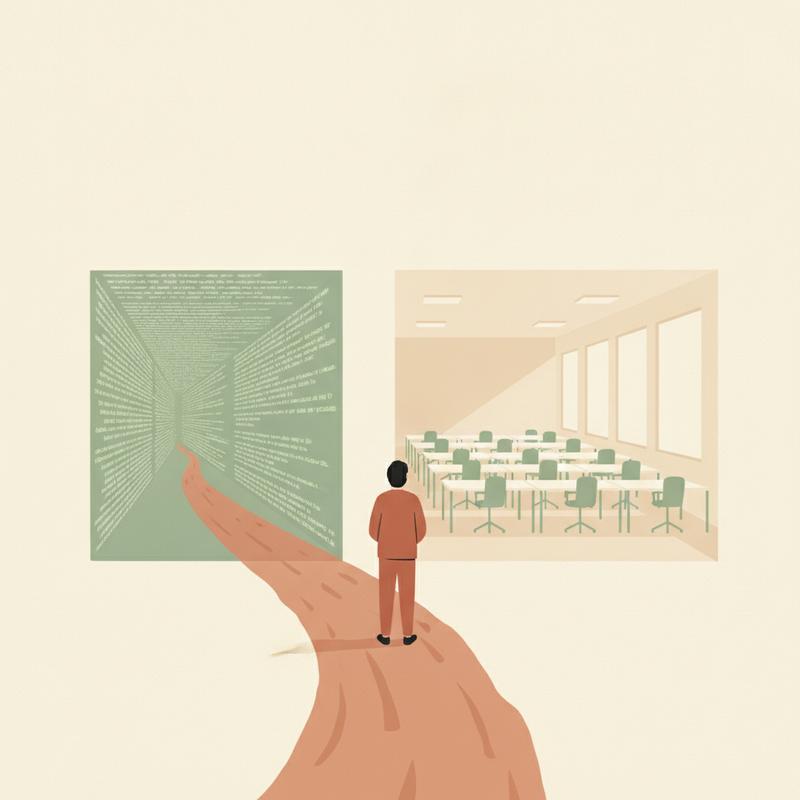 A figure at a fork in the road, one path lined with code, the other opening into a room of empty desks