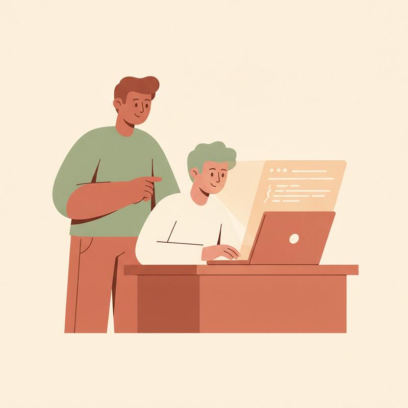 A leader stepping back and gesturing forward while an engineer takes the spotlight at the desk