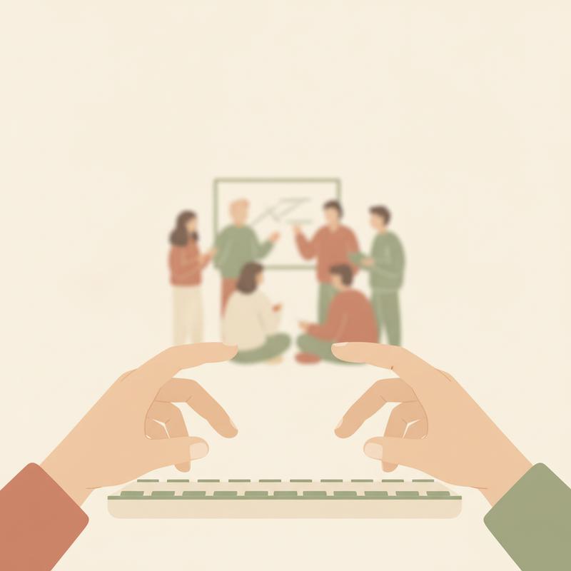 Two hands hovering above a keyboard, not typing, while a team gathers around a whiteboard in the background