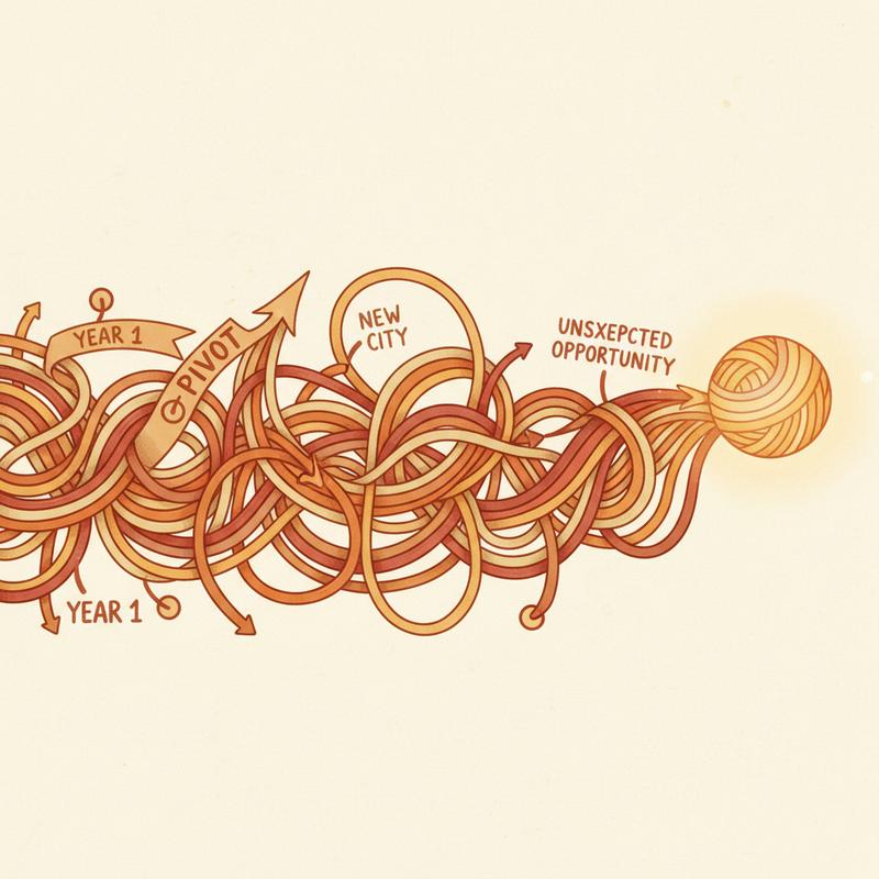 Tangled career paths illustrated as colorful spaghetti strands, showing the twists and turns of a non-linear journey