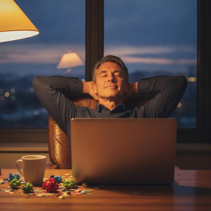 A man leaning back in his desk chair at dusk with his eyes closed and a quiet smile, a coffee mug and scattered confetti on the desk beside a closed laptop