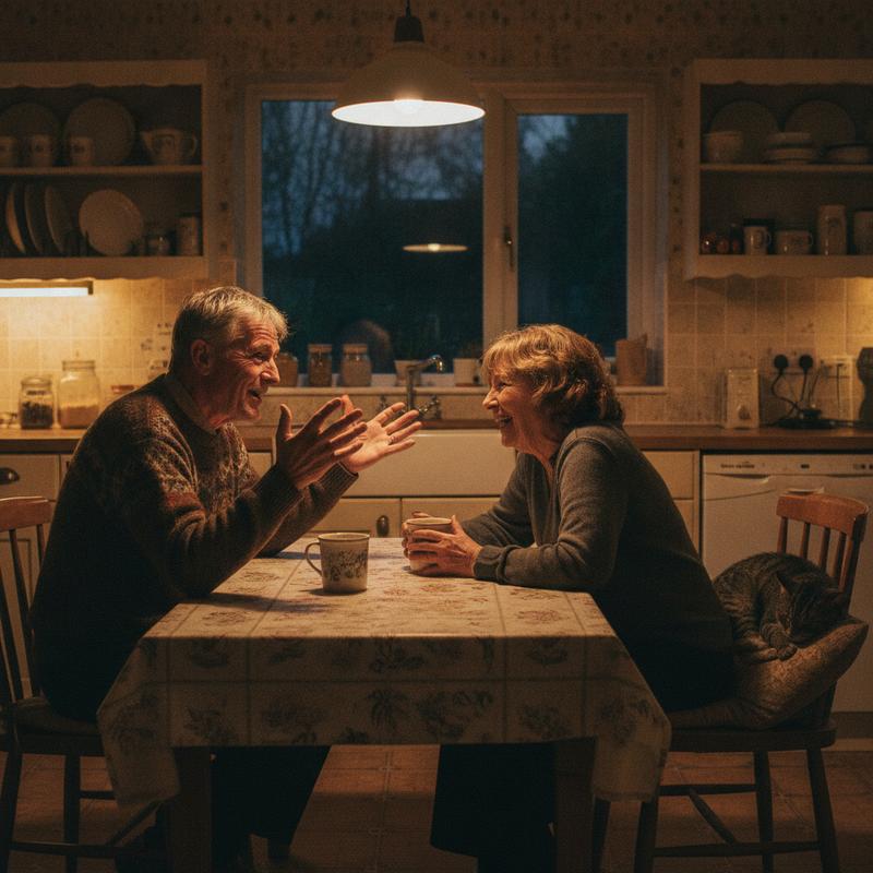 An older couple at a kitchen table in the evening, the man telling a story with animated hands while the woman laughs and leans in to listen