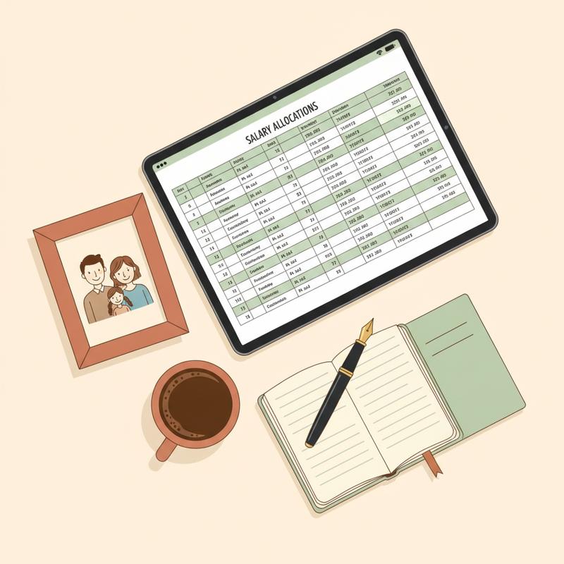 A CEO's desk with a family photo beside a salary spreadsheet, a pen and a coffee mug
