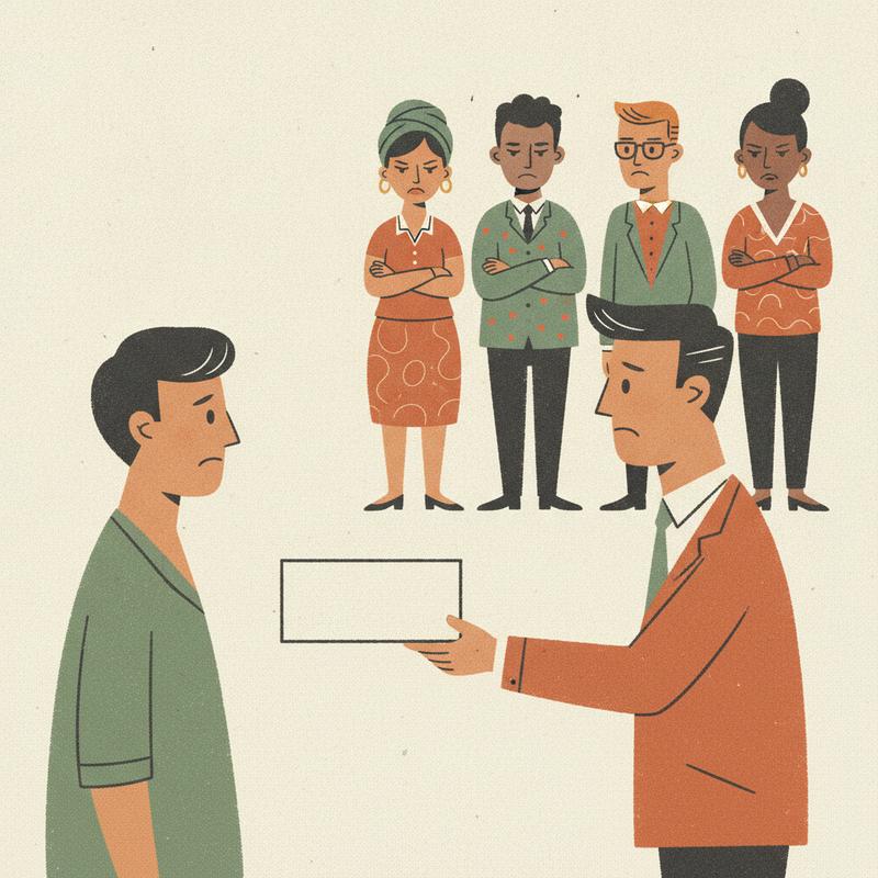 A manager handing a blank certificate to one employee while four diverse colleagues stand behind with folded arms and unimpressed expressions