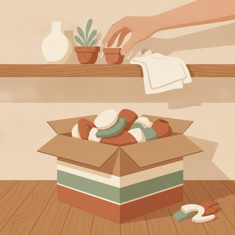 A hand placing a few chosen items back on a tidy shelf, with a full box of discarded items on the floor below