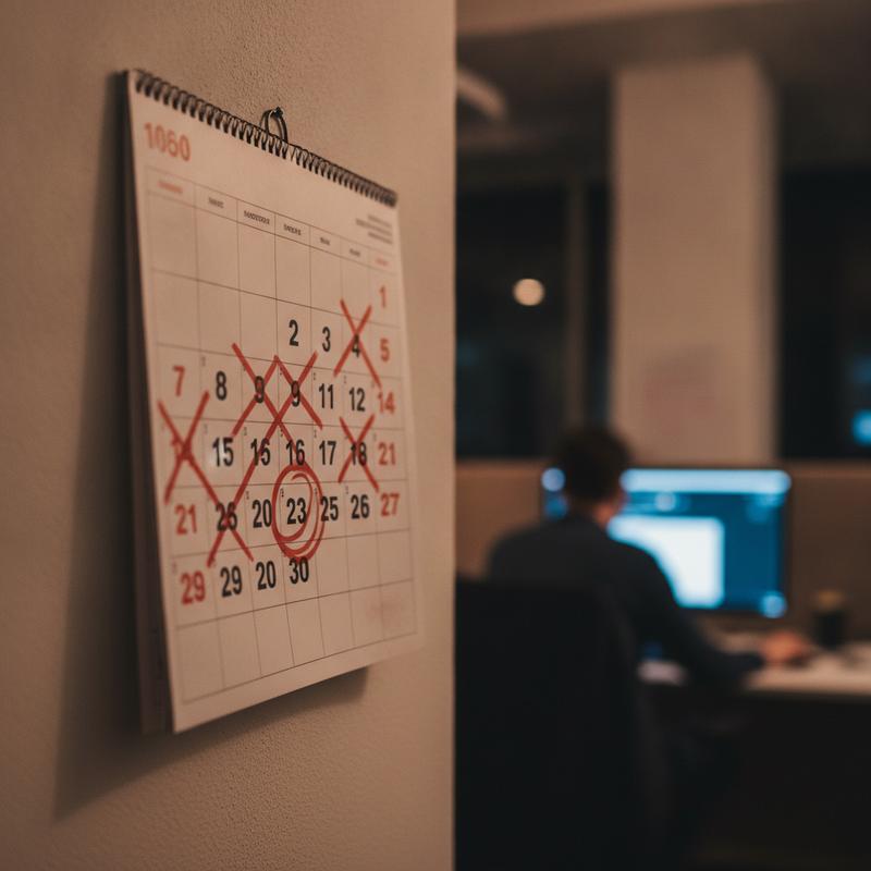 A wall calendar in a dim office with most days crossed off in red marker and one date circled, a developer working late at a monitor in the background