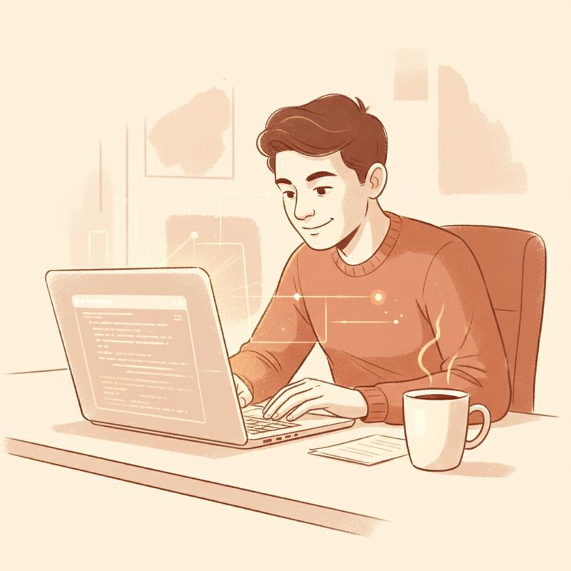 A developer in focused flow state, one clean setup, everything working