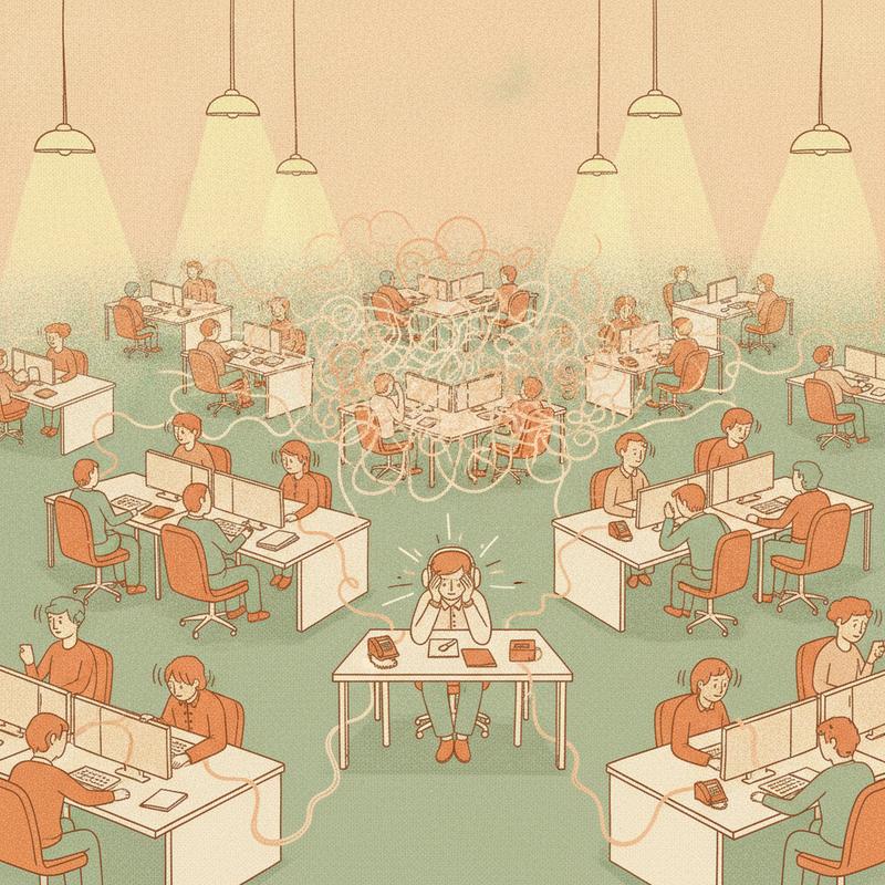 A busy open-plan office seen from above, tangled lines of noise looping between desks, one person in the middle wearing headphones and holding their head