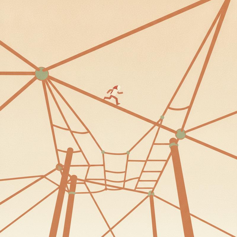 A climbing frame seen from below against an open sky, with one small figure moving sideways across it
