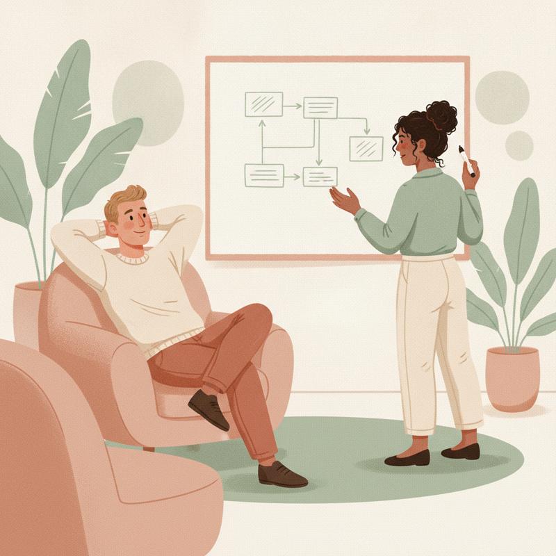 A manager listening while an engineer sketches a solution on a whiteboard