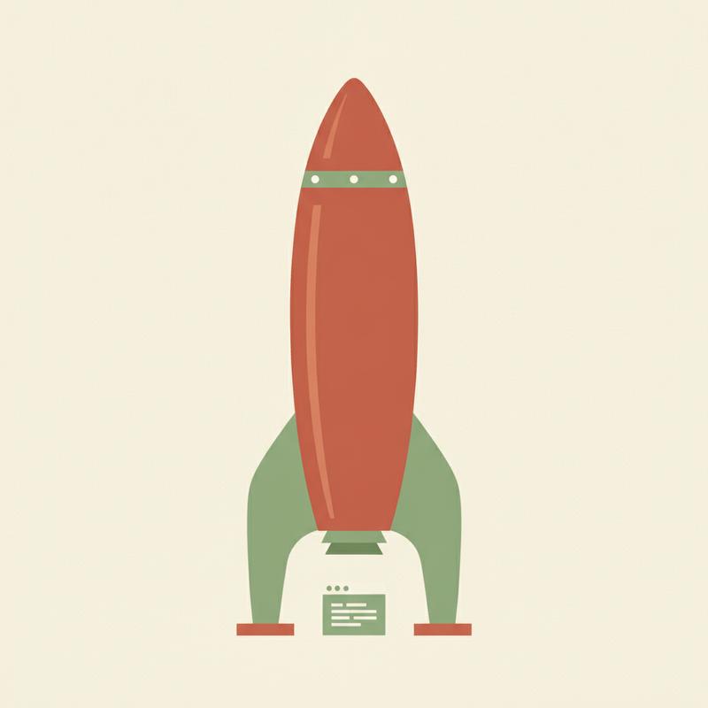 A small code editor icon dwarfed by a towering rocket about to launch
