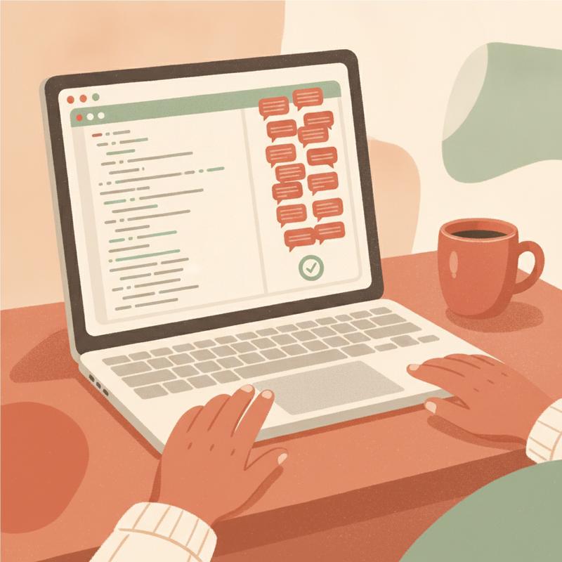 Laptop showing a code review with a long column of red comment bubbles and a single green checkmark