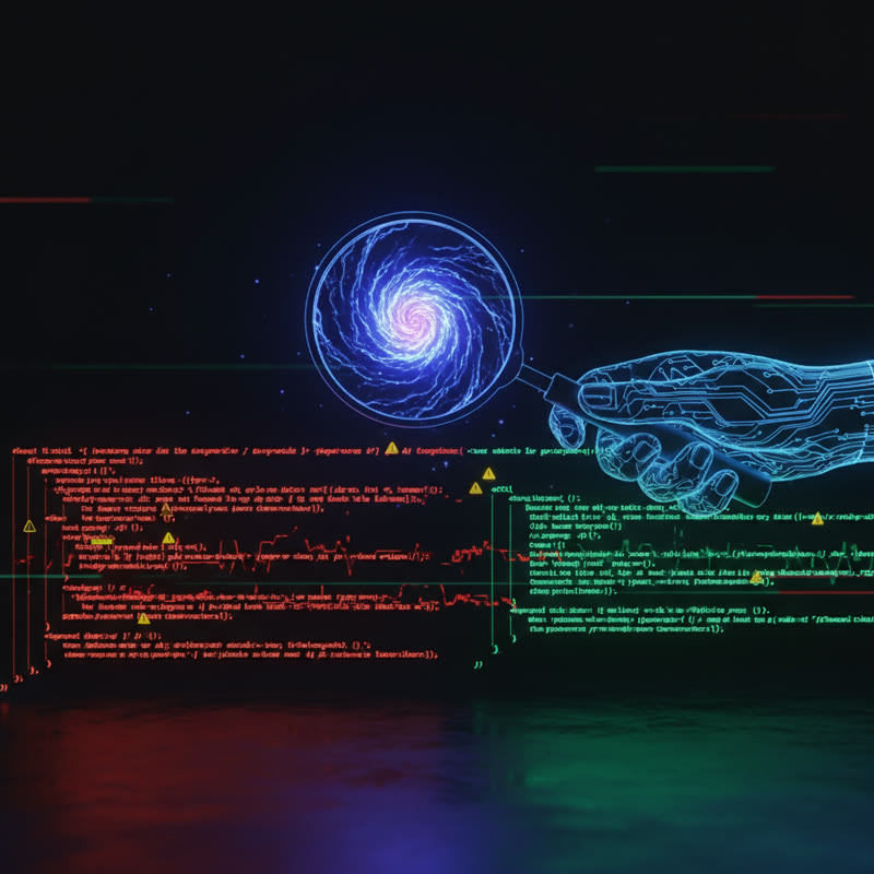 A developer reviews code for errors, a magnifying glass hovering over highlighted lines with warning indicators