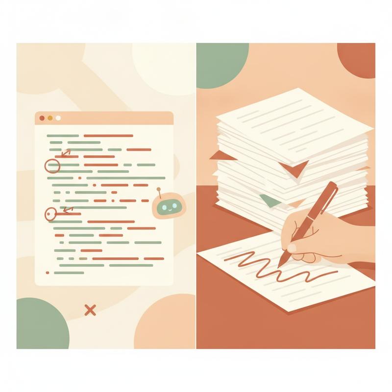 Split illustration of a code editor being carefully reviewed with red annotations next to an unreviewed stack of performance review papers