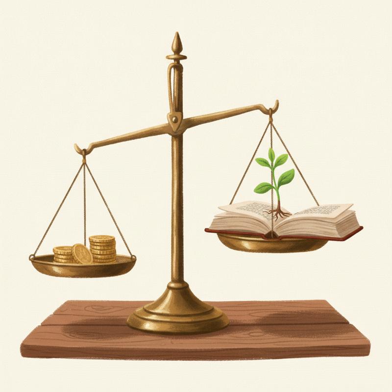 A brass balance scale with gold coins in one pan and an open book with a green seedling growing from its pages in the other