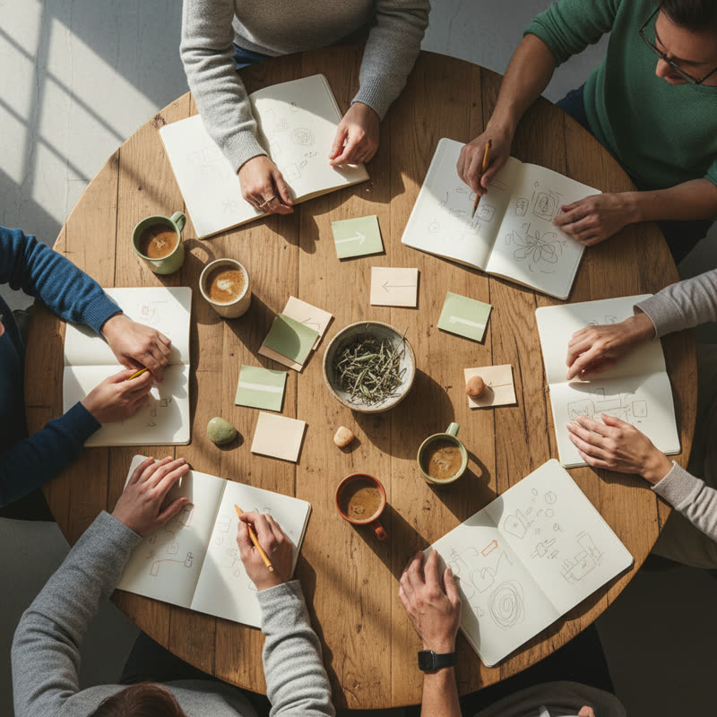 Overhead view of multiple people's hands collaborating around a table with notebooks and sticky notes