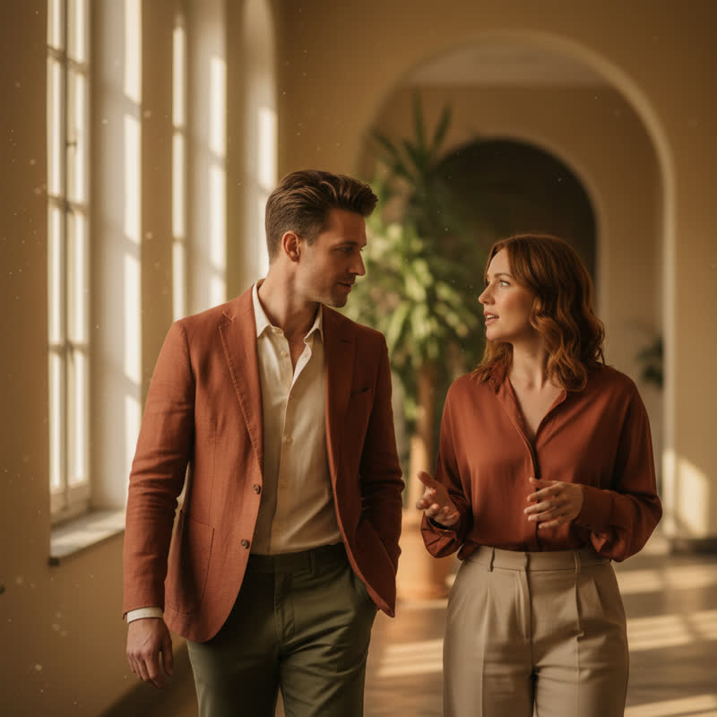 Two colleagues walking slowly down a sunlit hallway, one listening intently to the other