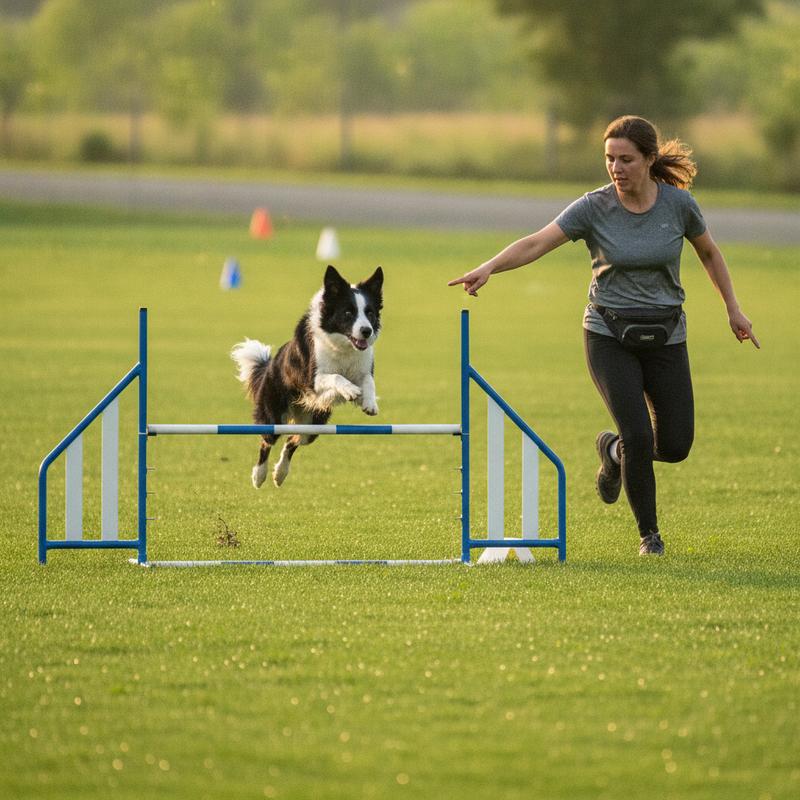 A Border Collie leaps over a blue and white agility jump on a grass field while its handler sprints alongside and points to the next obstacle