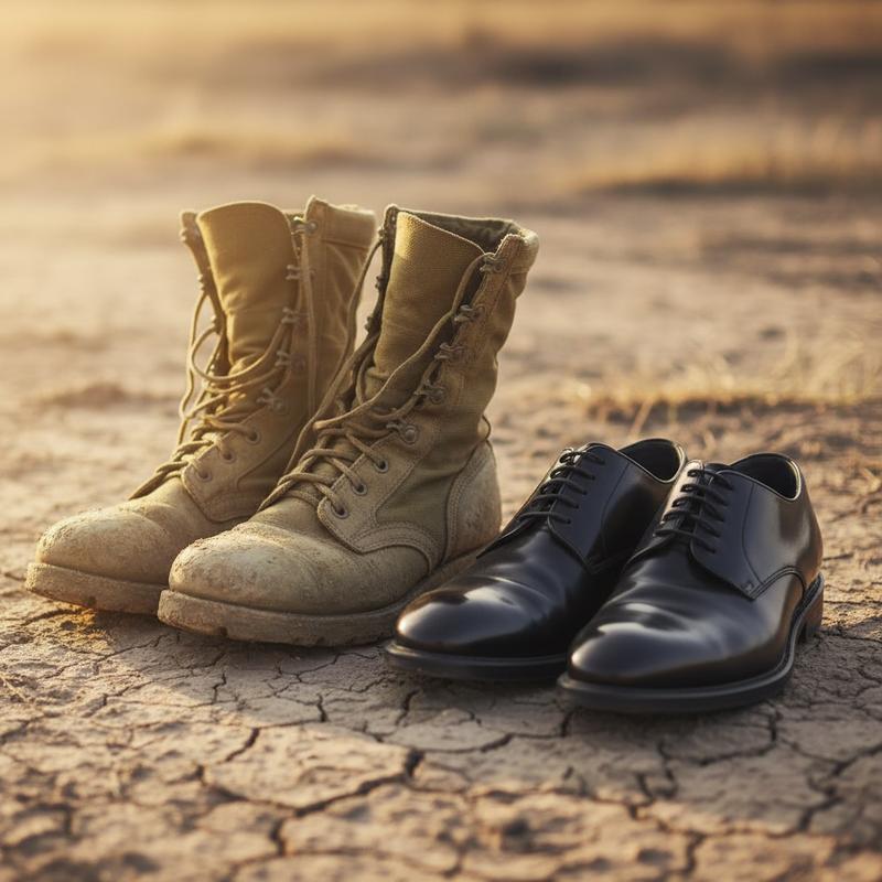 Military boots and polished dress shoes side by side on dusty ground