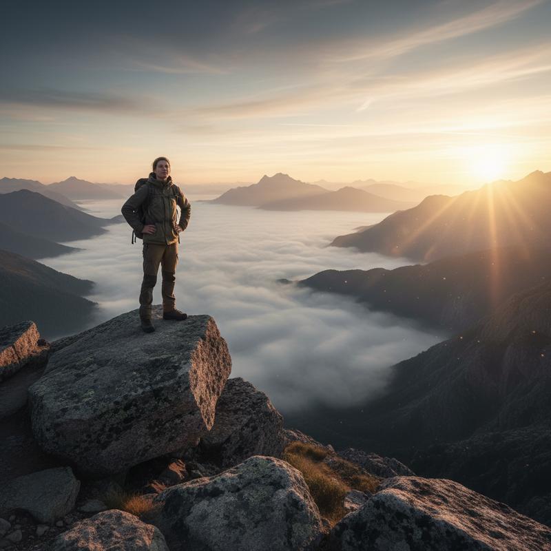 A person standing determined at a cliff edge at dawn, misty valley below