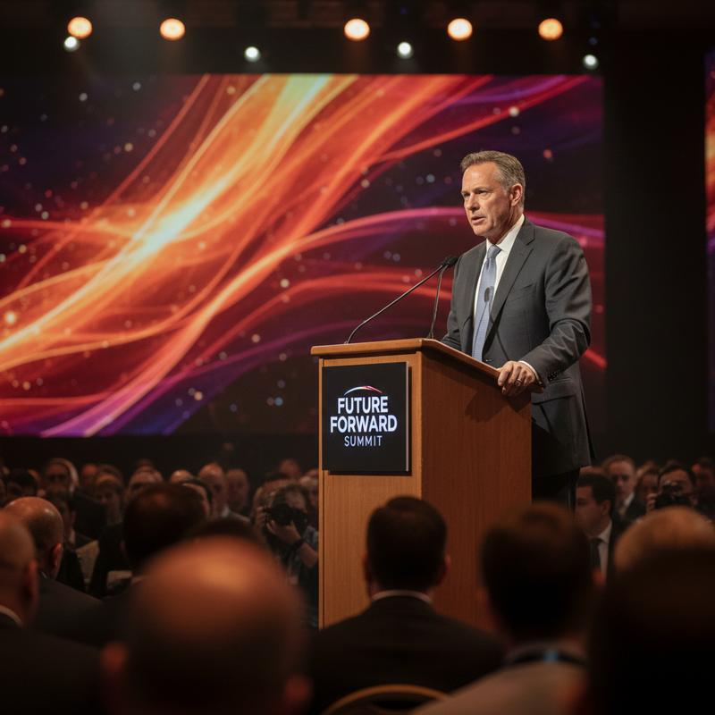 A professional speaker at a podium addressing a large conference audience