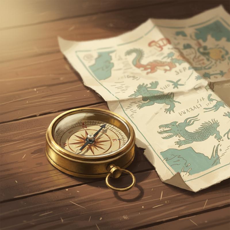 An old brass compass beside a torn, outdated map on a wooden table