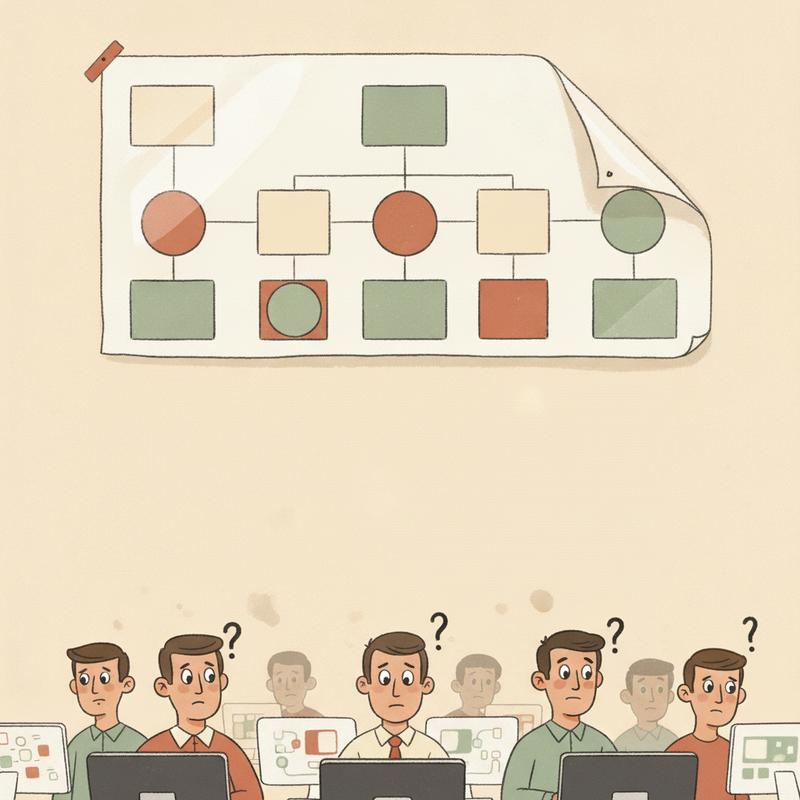 An imported glossy org chart pinned to an office wall above a row of puzzled engineers