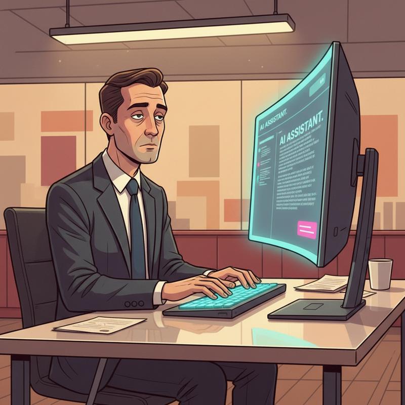 A corporate executive staring blankly at an AI interface, looking passive and detached