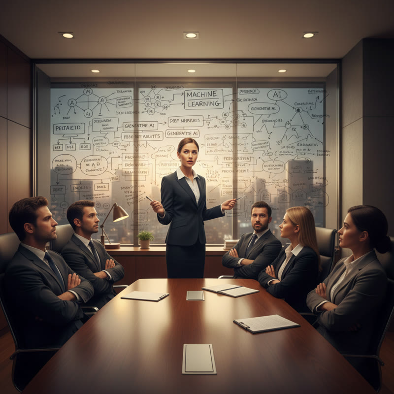 A leader presenting AI diagrams to a skeptical team sitting with arms crossed