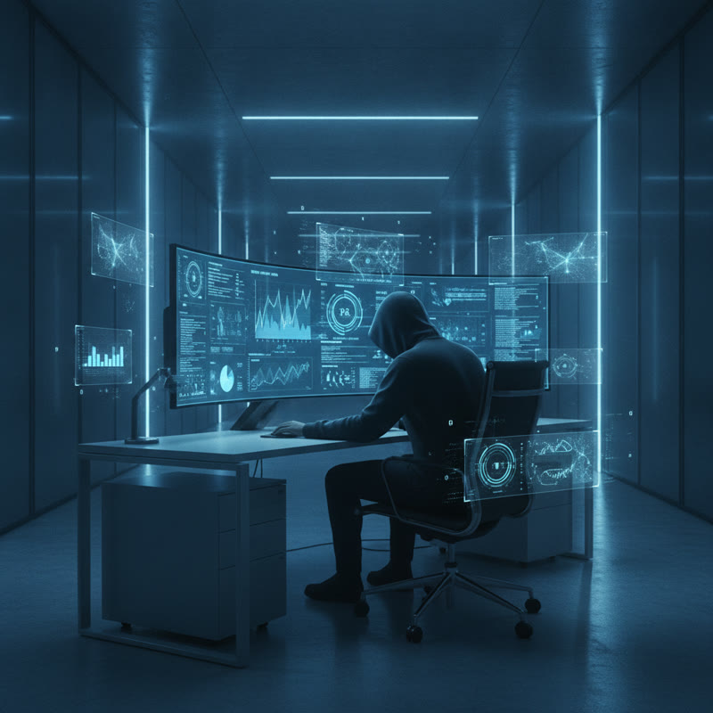 An employee surrounded by algorithmic performance data on glowing screens, clinical and cold