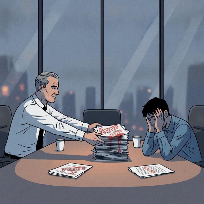 A manager slides a stack of red-inked forms across a table toward a deflated employee