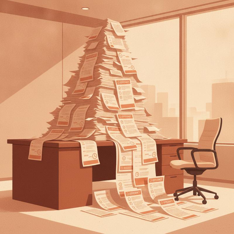 A towering pile of identical corporate survey forms overflowing a desk