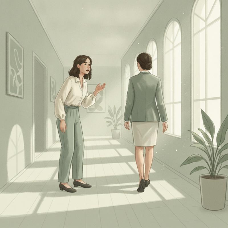 Two colleagues passing in an office corridor, one hesitating as if about to speak