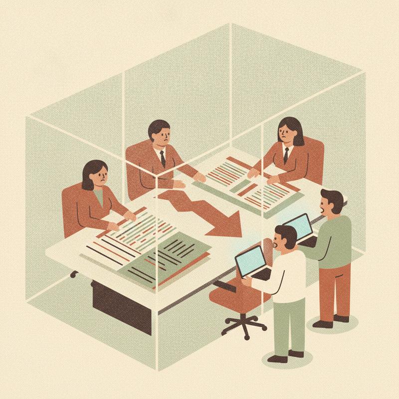 Executives cutting costs in a glass boardroom while three engineers stand outside, unheard