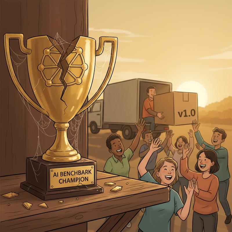 A cracked AI benchmark trophy gathering dust while happy users receive a v1.0 delivery