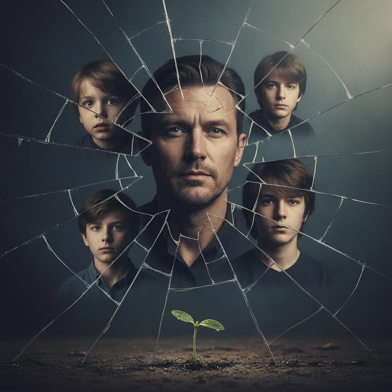 A cracked mirror showing fragments of different life stages, symbolizing honest self-examination over time